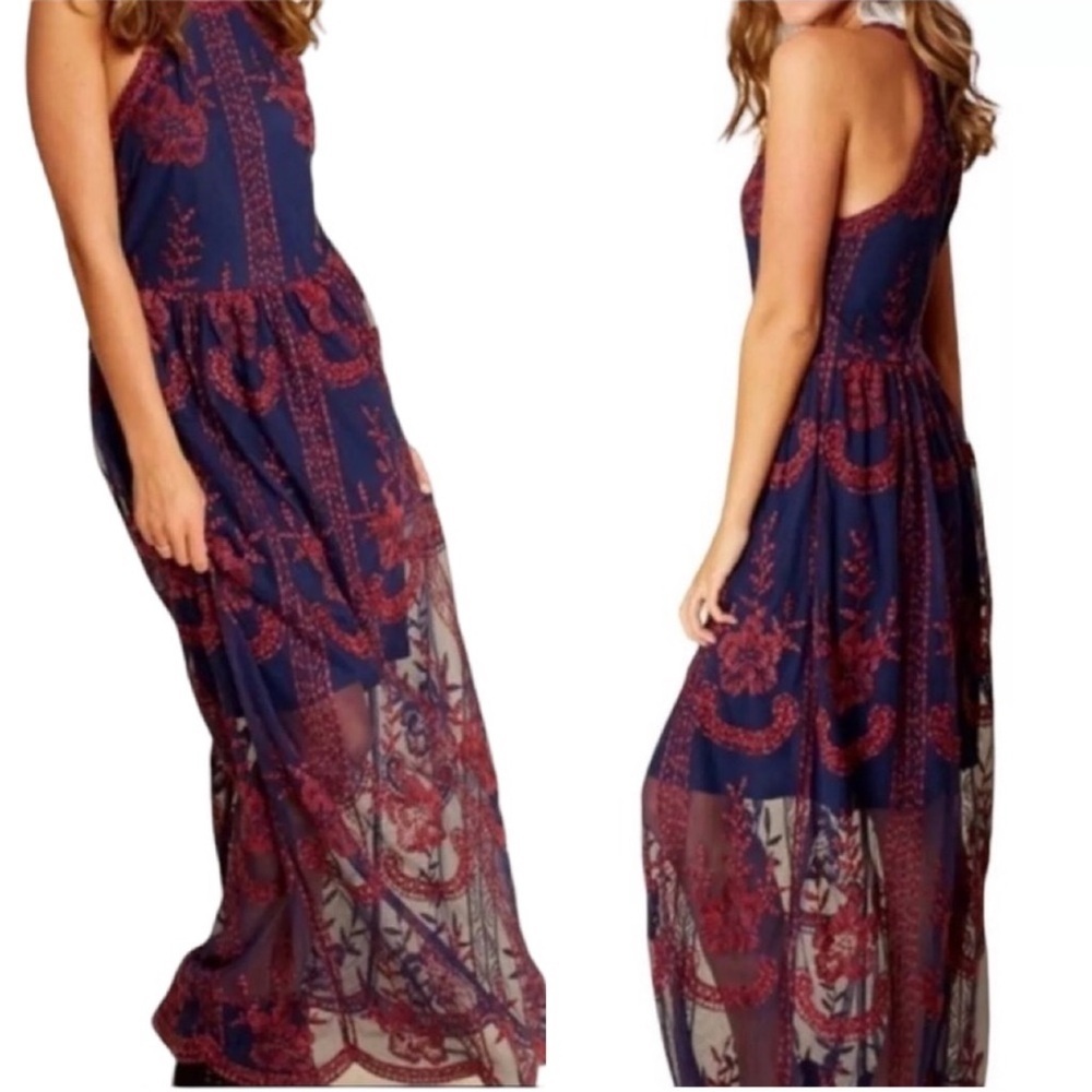 Sleeveless Navy and Burgundy Floral Maxi Dress